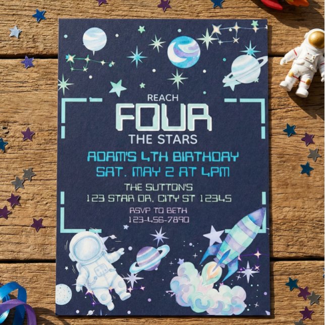 Reach Four the Stars Blue Green Space 4th Birthday Einladung (Von Creator hochgeladen)