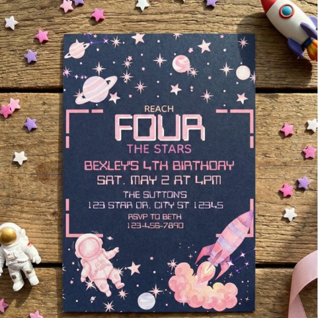 Reach Four the Stars Pink Space 4th Birthday Einladung (Von Creator hochgeladen)