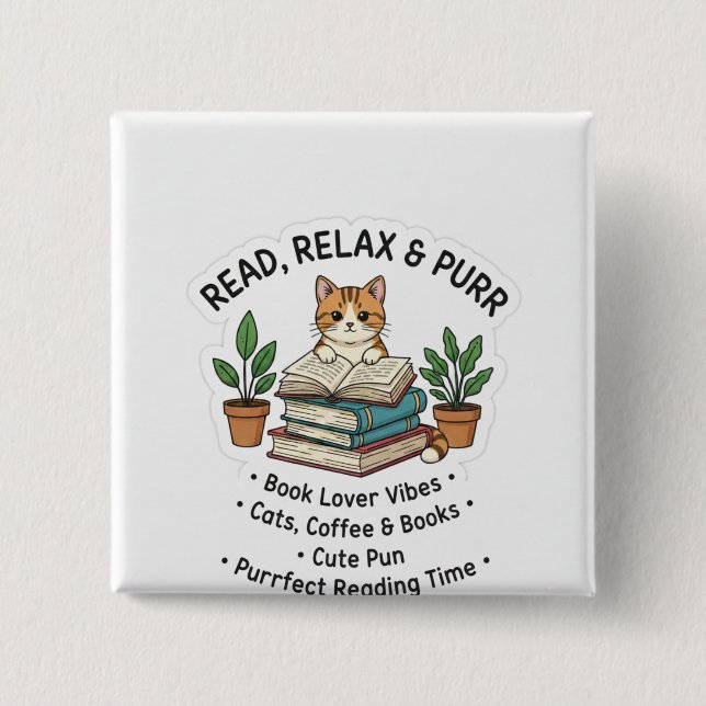 Read Relax & Purr – Cute Cat With Books Sticker |। Button (Vorderseite)