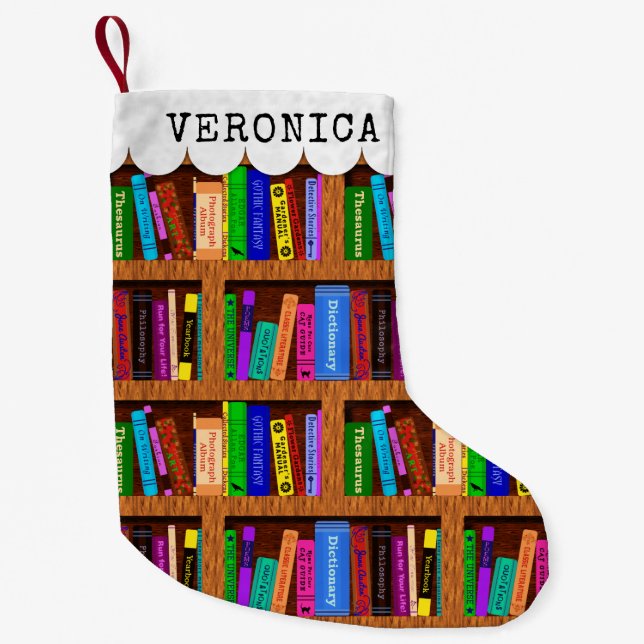Readers Library Bookshelf Book Pattern Custom Name Kleiner Weihnachtsstrumpf (Vorderseite)