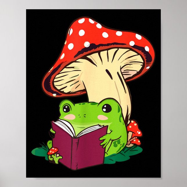 Reading Frog Mushroom Cute Nature Aesthetic Cottag Poster (Vorne)