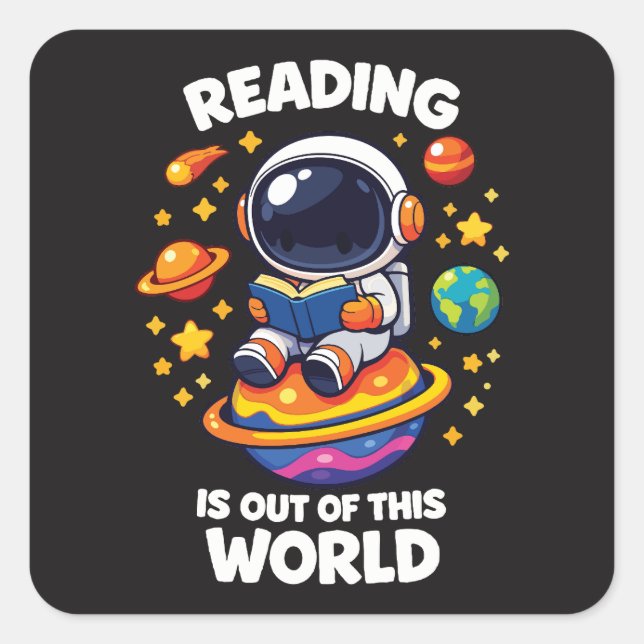 Reading is out of this world quadratischer aufkleber (Vorderseite)