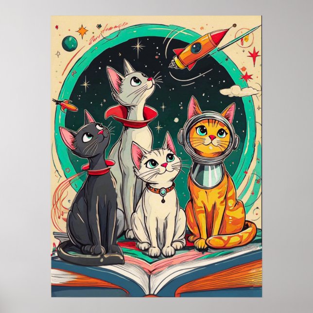 Reading Opens a Gateway to Cosmic Cat Adventures Poster (Vorne)