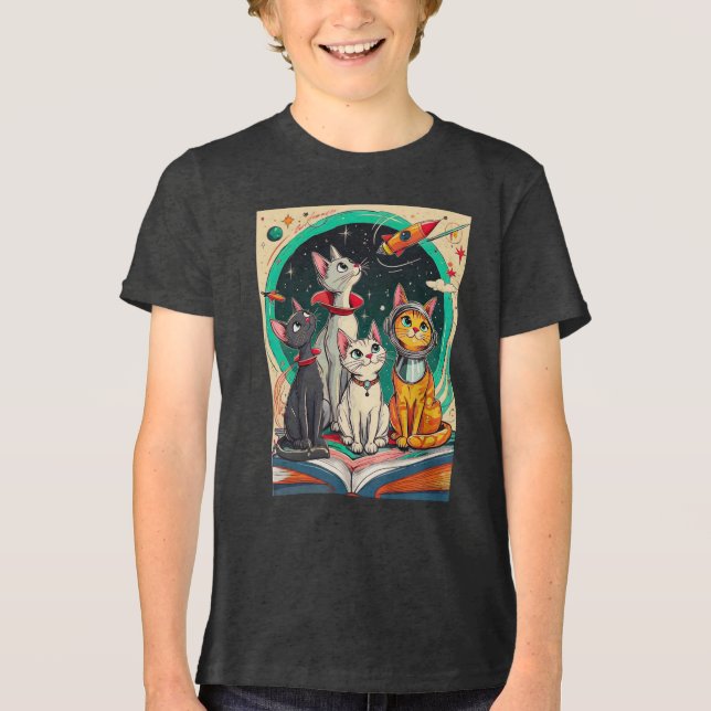 Reading Opens a Gateway to Cosmic Cat Adventures Tri-Blend Shirt (Vorderseite)