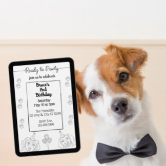 Ready to Pawty, Black Line Dog Birthday Einladung