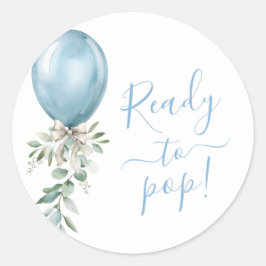 Ready To Pop Blue Balloon Bow Greenery Baby Shower Runder Aufkleber