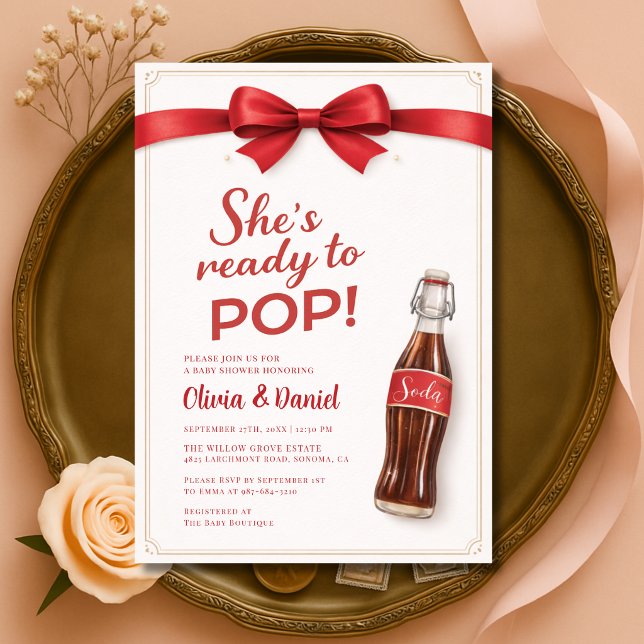 Ready to Pop Soda Red Bow Couples Baby Shower Einladung (Von Creator hochgeladen)