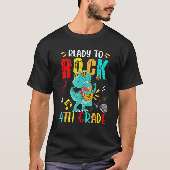 Ready To Rock 4th Grade rex Playing Guitar T-Shirt (Vorderseite)