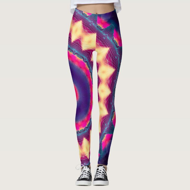 Reagierender Neonglühen-Blume Boho Raveuvmandala Leggings (Vorderseite)