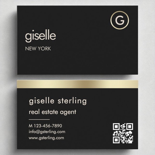 Real Anwesen Agent Black QR Code Gold Fossil Visitenkarte (Von Creator hochgeladen)