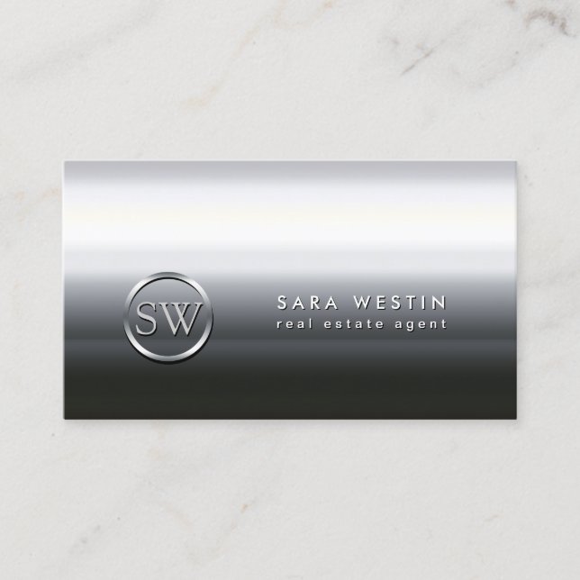 Real Anwesen Agent Chrome Monogram Business Card Visitenkarte (Vorderseite)