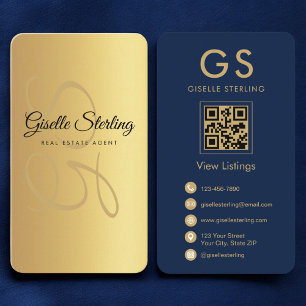 Real Anwesen Agent Gold Navy Blue QR Code Monogram Visitenkarte