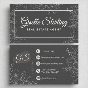 Real Anwesen Agent Moody Charcoal Grau Floral Visitenkarte