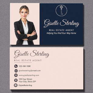 Real Anwesen Agent Navy Blue Blush Pink Foto Visitenkarte