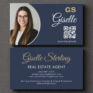 Real Anwesen Agent Navy Blue Gold Foto QR Code Visitenkarte