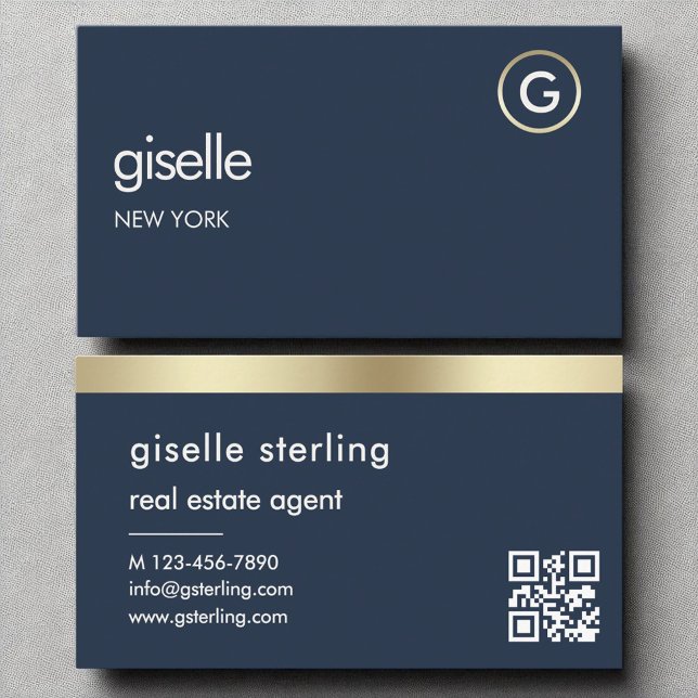 Real Anwesen Agent Navy Blue QR Code Gold Monogram Visitenkarte (Von Creator hochgeladen)