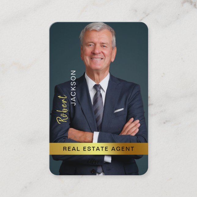Real Anwesen Agent Realtor Black Gold Custom Foto Visitenkarte (Vorderseite)