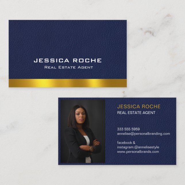 Real Anwesen Agent Realtor Blue & Gold Custom Foto Visitenkarte (Vorne/Hinten)