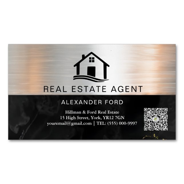 Real Anwesen Agent silber Metallic Gold Marmor Magnetische Visitenkarte (Vorderseite)