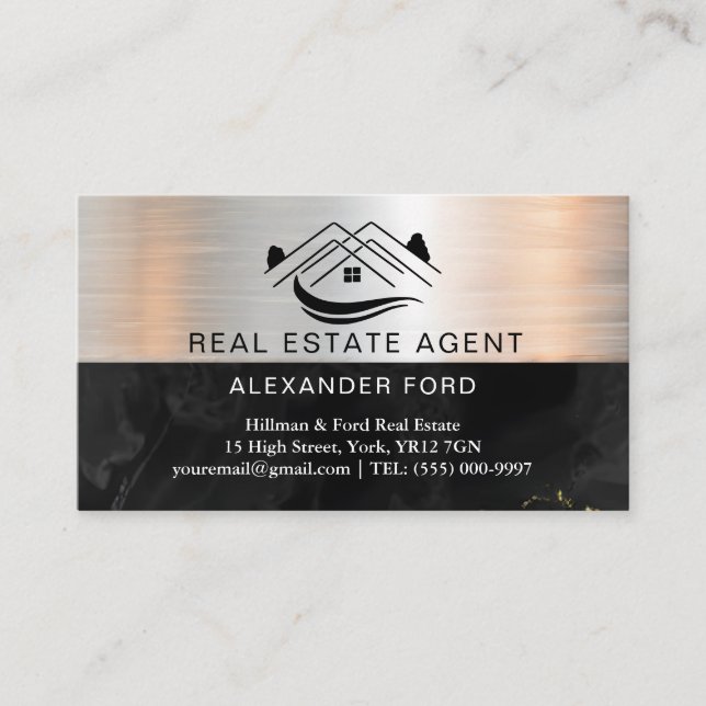 Real Anwesen Agent silber Metallic Gold Marmor Visitenkarte (Vorderseite)