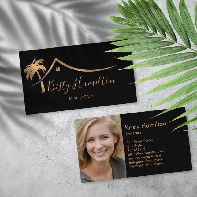 Real Anwesen berufliches Haus hinzufügen Visitenkarte (gold palm tree house real estate logo business card)