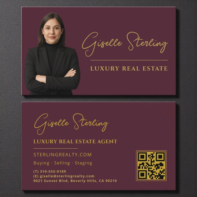 Real Anwesen Burgundy Gold QR Code Script Luxus Visitenkarte (Von Creator hochgeladen)