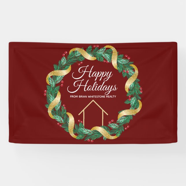 Real Anwesen Company Elegante Custom Red Christmas Banner (Horizontal)