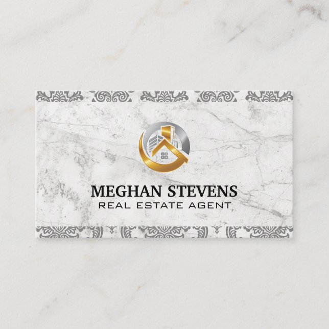 Real Anwesen Gold Silber Logo | Damask Marble Terminkarte (Vorderseite)