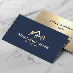 Real Anwesen House Key Logo Modern Navy Blue Gold Visitenkarte