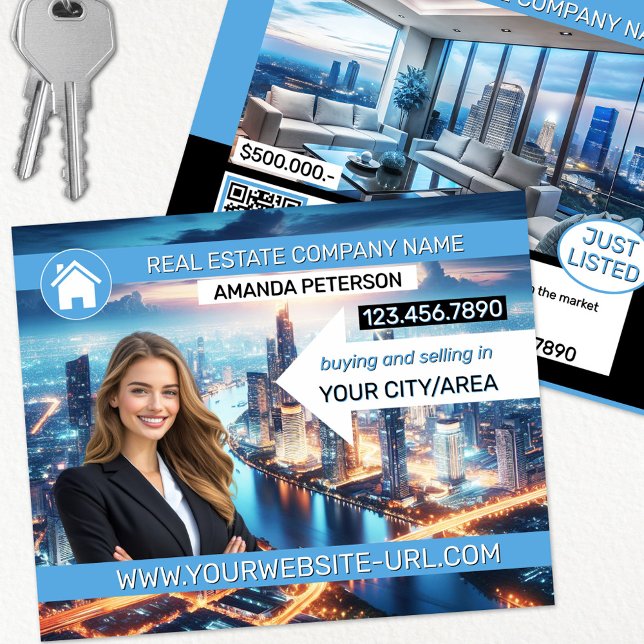 Real Anwesen Marketing Beruflich Flyer (Real estate marketing flyer showing your photo on an aerial or neighborhood picture + QR code + logo)