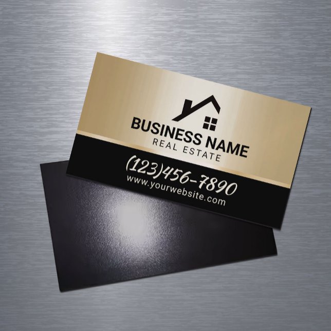Real Anwesen Modern House Logo Black & Gold Magnetische Visitenkarte (Von Creator hochgeladen)