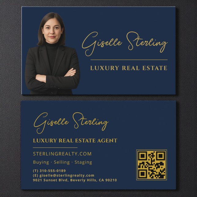 Real Anwesen Navy Blue Gold QR Code Script Luxus Visitenkarte (Von Creator hochgeladen)
