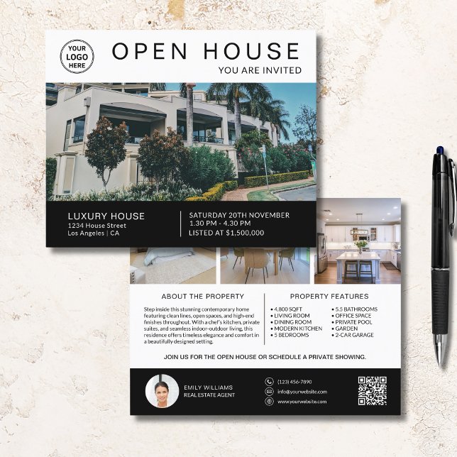 Real Anwesen Open House Einladungs-Logo-Foto QR Wh Flyer (Real Estate Open House Invite Logo Photo QR White Flyer)