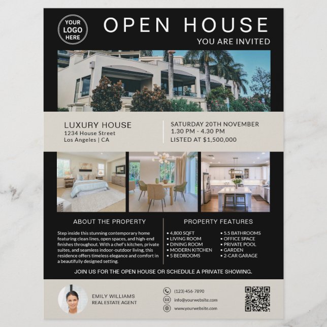 Real Anwesen Open House Logo Foto QR Black Flyer (Vorne)
