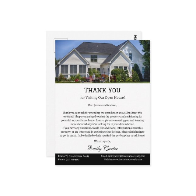 Real Anwesen Open House Vielen Dank Postkarte (Vorderseite/Rückseite Beispiel)