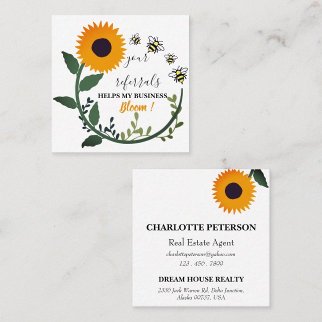 Real Anwesen & Small Business Aquarell Sonnenblume Empfehlungskarte (Vorne/Hinten)