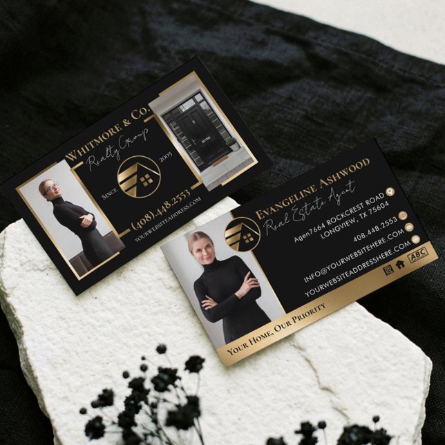 Real Estate Agent Broker Luxury Black Gold Photo Visitenkarte (Real Estate Agent Broker Luxury Black Gold Photo Business Card)