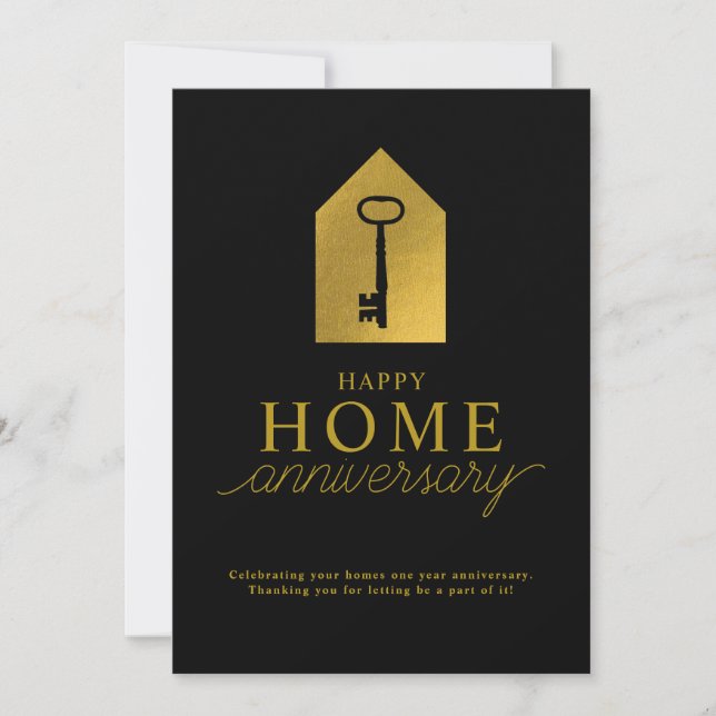 Real Estate Agent Happy Home Anniversary Gold Key Mitteilungskarte (Vorderseite)