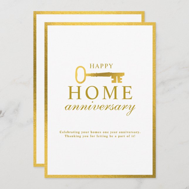 Real Estate Agent Happy Home Anniversary Gold Key Mitteilungskarte (Vorne/Hinten)