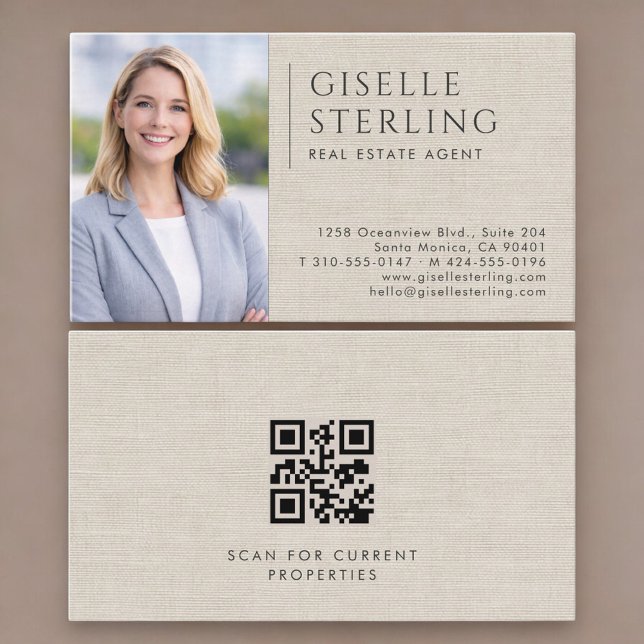 Real Estate Agent Neutral Linen Photo QR Code Visitenkarte (Von Creator hochgeladen)
