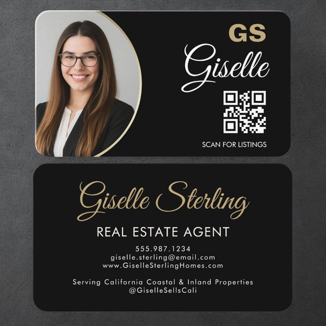 Real Estate Agent QR Code Black Gold Photo  Visitenkarte (Von Creator hochgeladen)