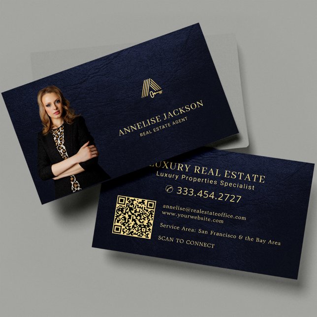 Real estate agent QR code photo luxury navy gold Visitenkarte (Von Creator hochgeladen)