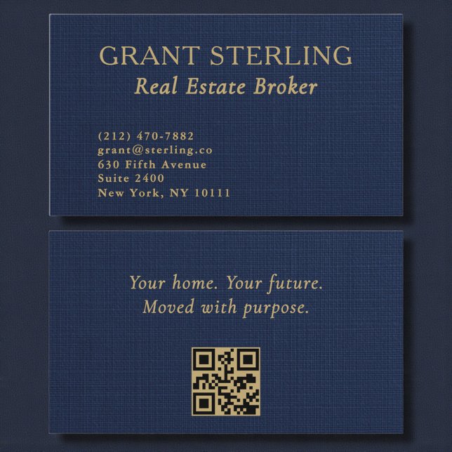 Real Estate Broker Navy Blue Gold Linen QR Code  Visitenkarte (Von Creator hochgeladen)
