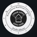 Real Estate Company Add Your Logo Custom Office Große Wanduhr<br><div class="desc">This chic custom realtor wall clock is personalized with your realty company logo in the center. Add your real estate company name and agent on this modern design for a ordy, customized gift.</div>