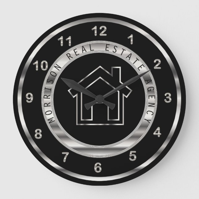 Real Estate Design in Silver and Black Große Wanduhr (Vorderseite)