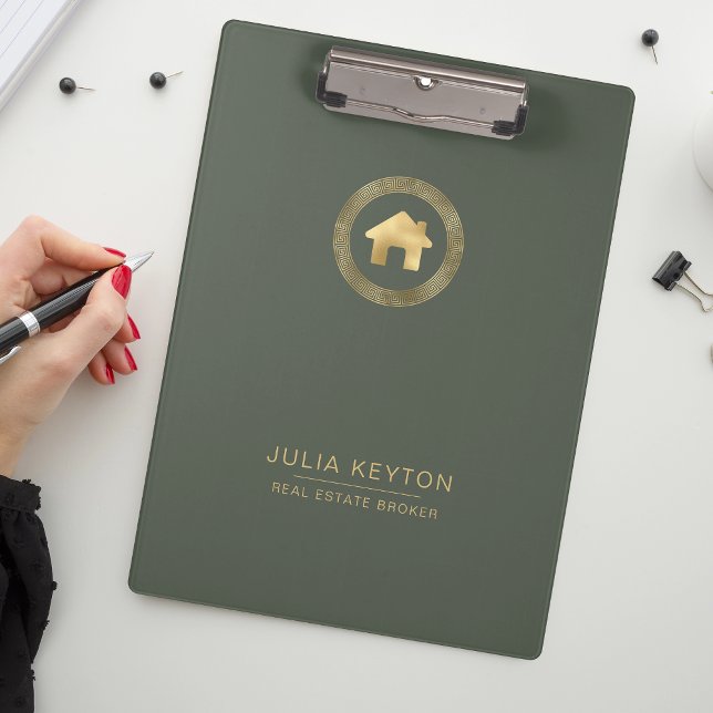 Real Estate House Logo Greek Key Sage Green Gold  Klemmbrett (Von Creator hochgeladen)