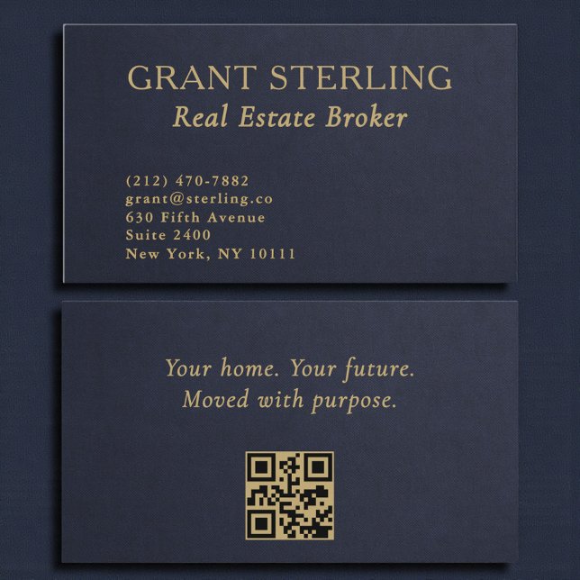 Real Estate Navy Blue Gold Slate Stone QR Code  Visitenkarte (Von Creator hochgeladen)