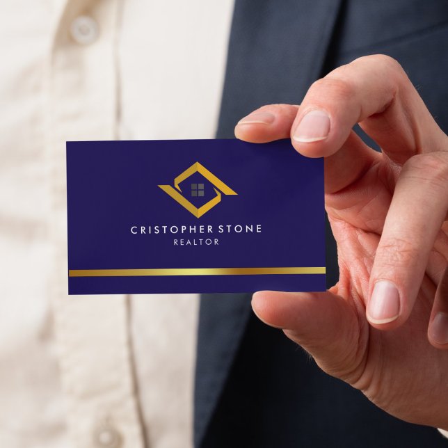 Real Estate Navy Blue House Logo Modern Realtor Visitenkarte (Real Estate Navy Blue House Logo Modern Realtor Business Card)