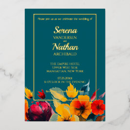 Real Foil Aquamarine Wildblumen Elegante Hochzeit Folieneinladung