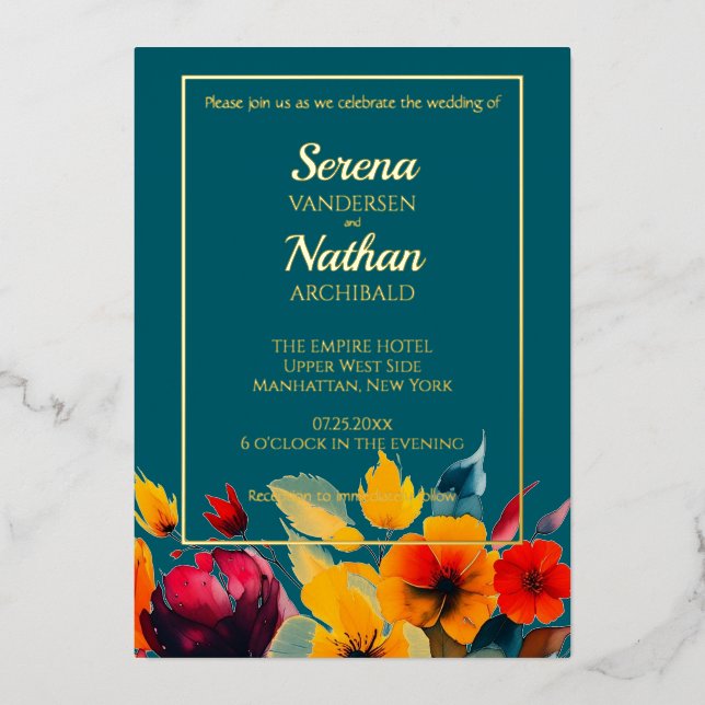 Real Foil Aquamarine Wildblumen Elegante Hochzeit Folieneinladung (Vorderseite)